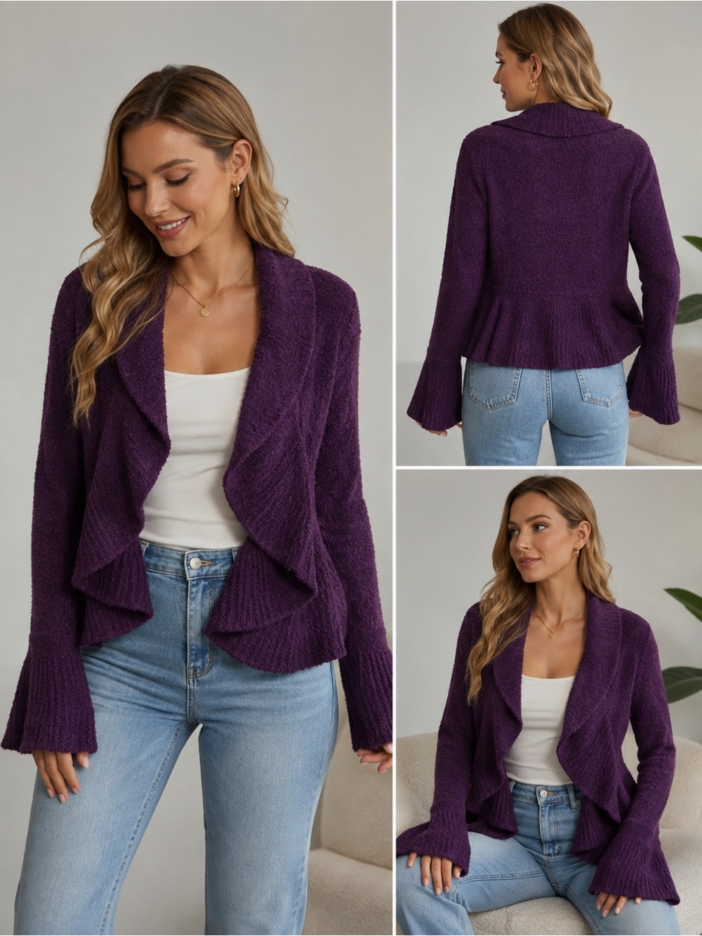 Moda International Purple Ruffle-Front Open Cardigan Sz S/M